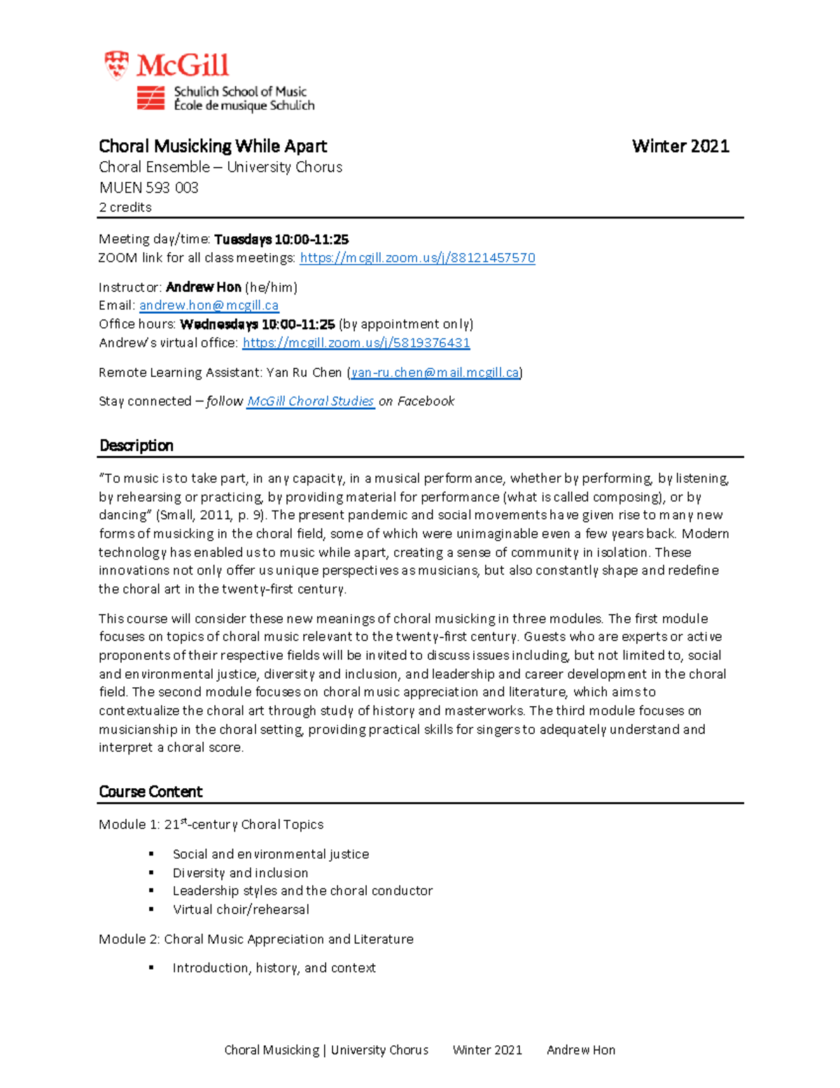 University Chorus Syllabus Choral Musicking While Apart Winter 2021