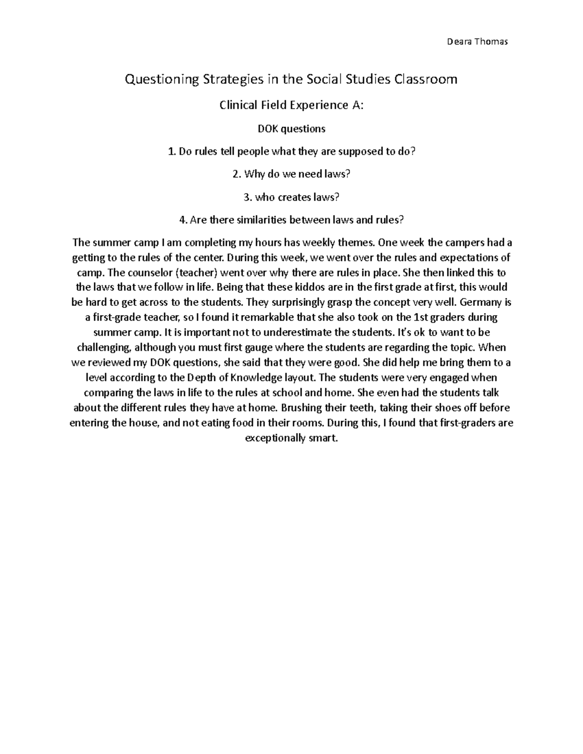 Clinical Field Experience A - Deara Thomas Questioning Strategies In ...