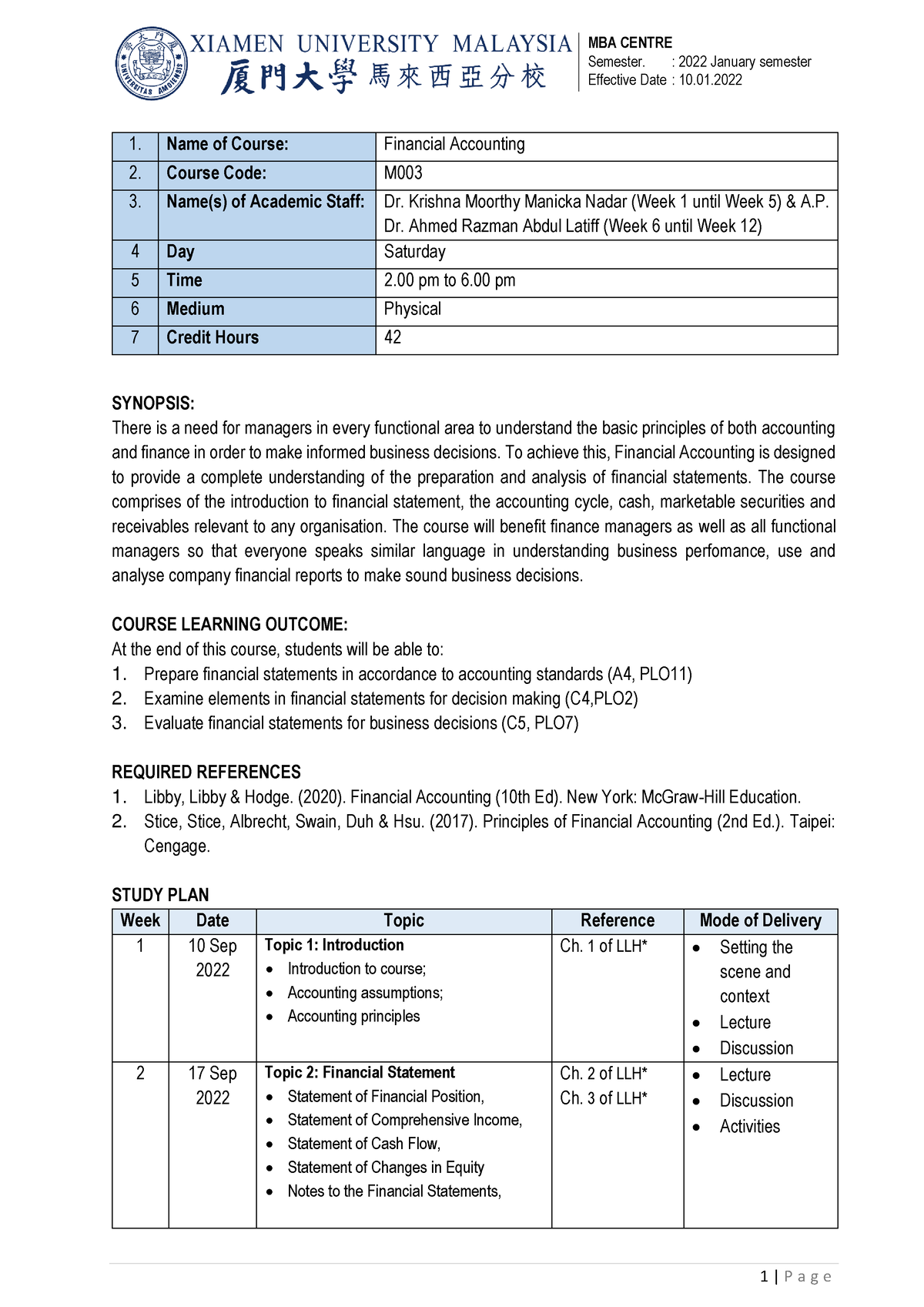 202209 Study Plan - FA (Dr. Krishna Dr. Razman) - Semester. : 2022 ...