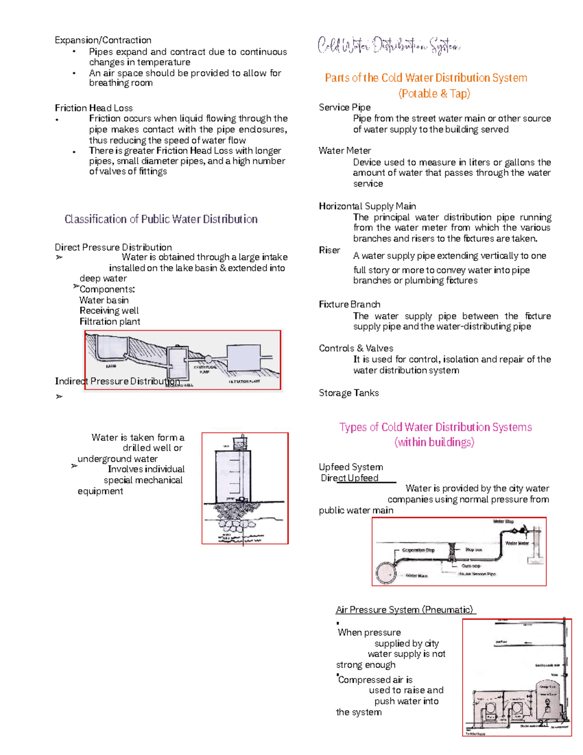 Plumbing Utilities notes about Parts of the Cold Water Distribution