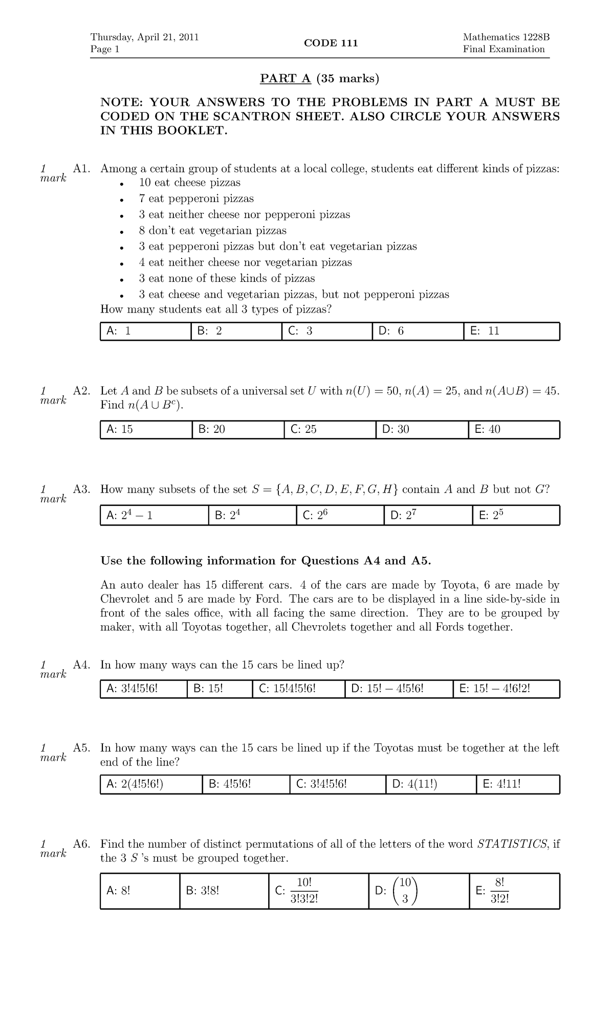 1228 final exam 2011 - Thursday, April 21, 2011 Page 1 CODE 111 ...