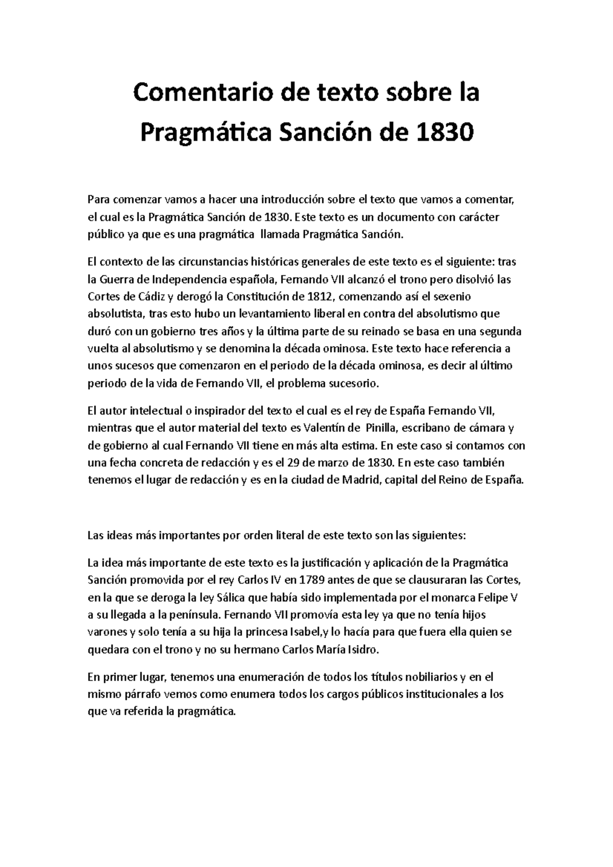 Comentario de texto sobre la Pragmática Sanción de 1830 Comentario de