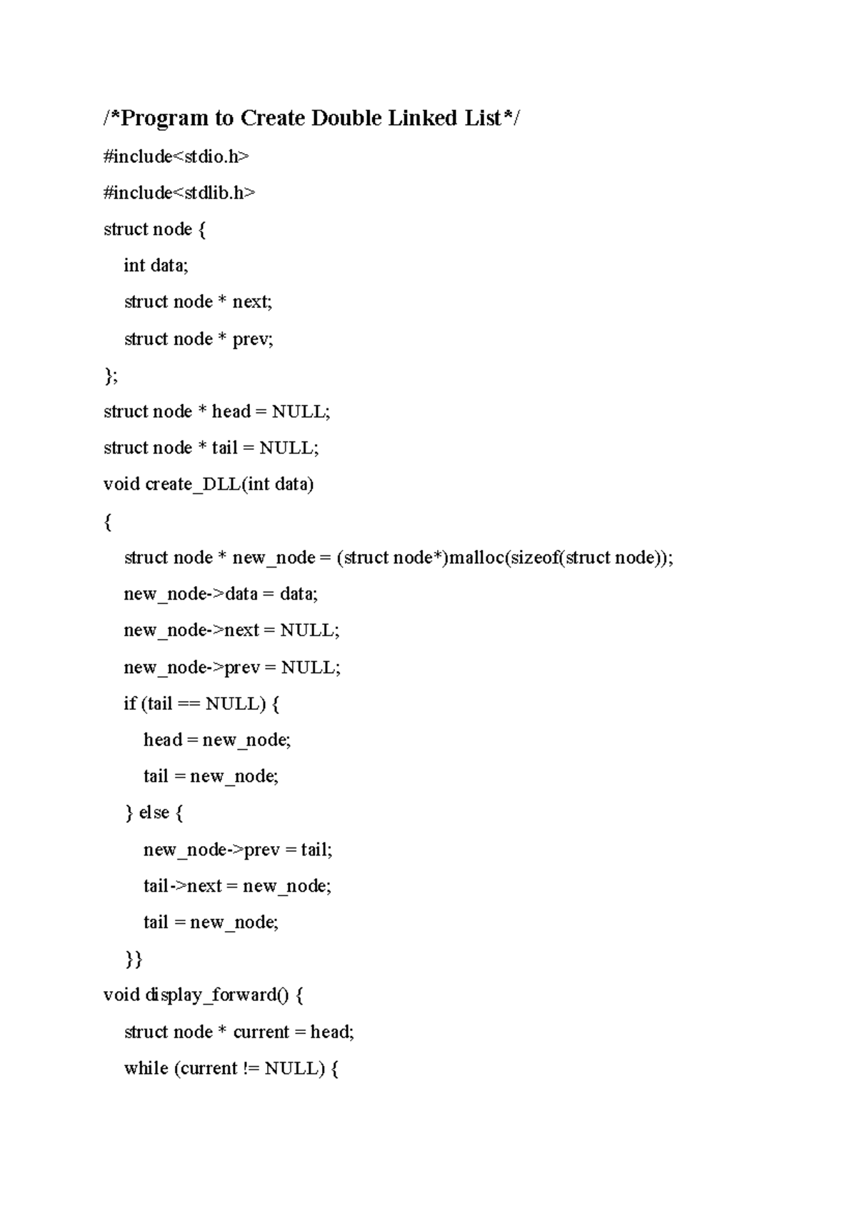 Double Linked List creation - /Program to Create Double Linked List/ # ... image.