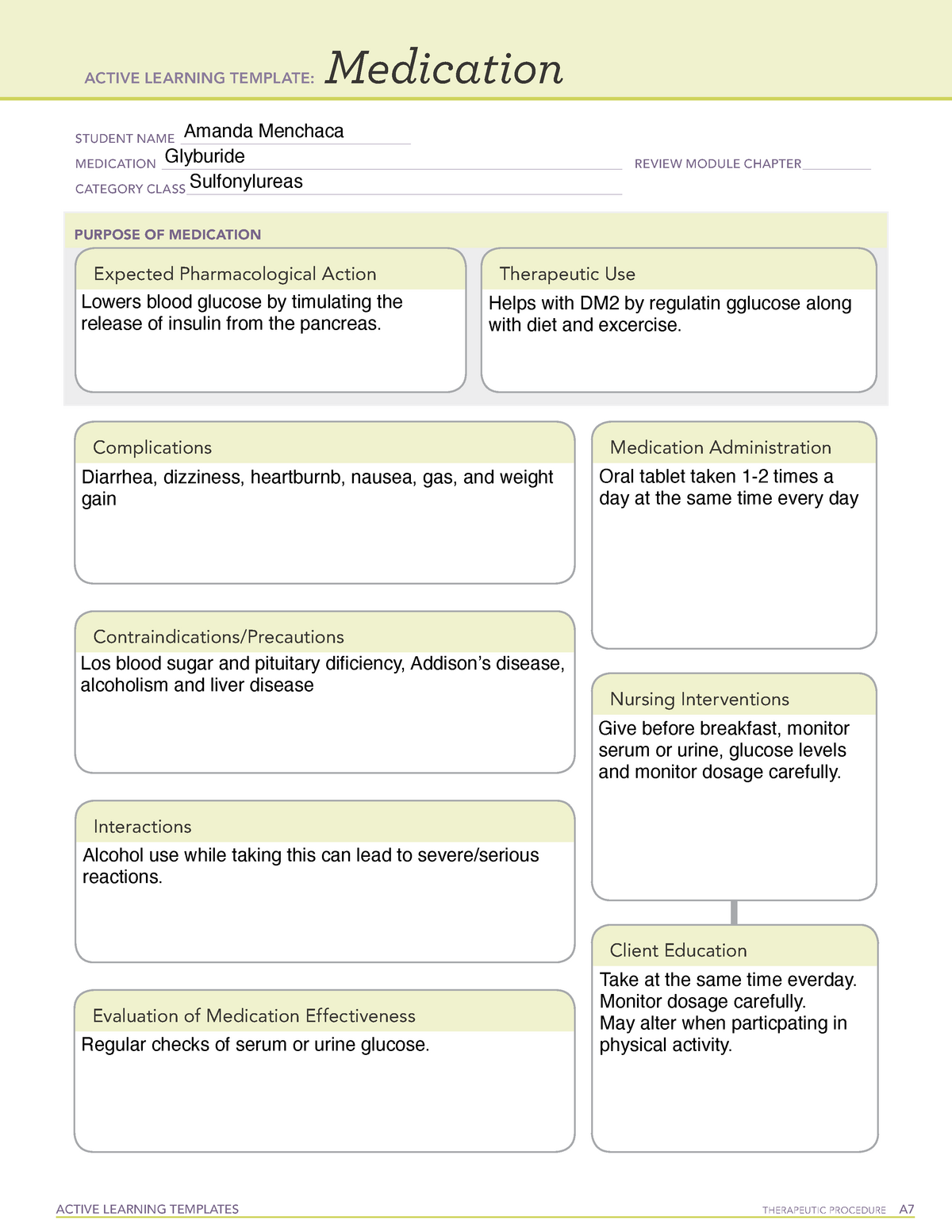 Glyburide ATI medication card template ACTIVE LEARNING TEMPLATES