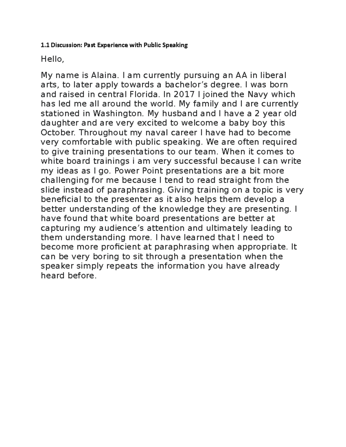 COM-213 1-1 Discussion Past Experiences With Public Speaking - 1 ...