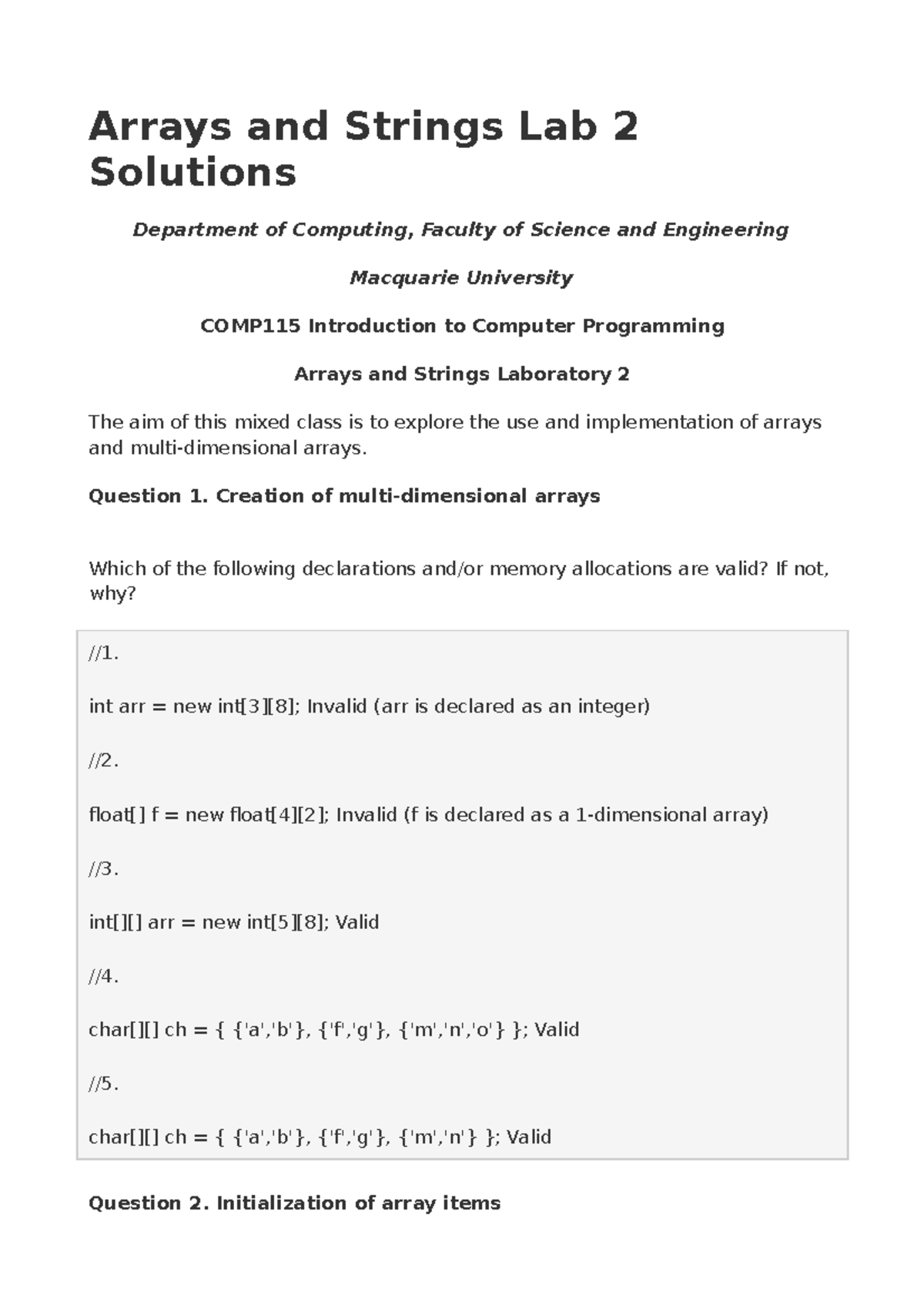 Functions 1 - Arrays and Strings Lab 2 Solutions Department of ...