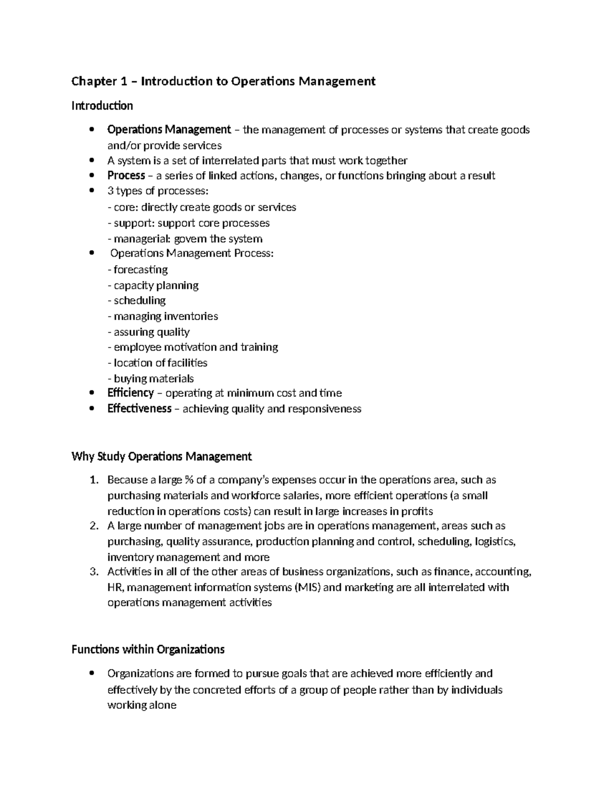 BUSI 2301 Study Notes Final - Chapter 1 – Introduction to Operations ...