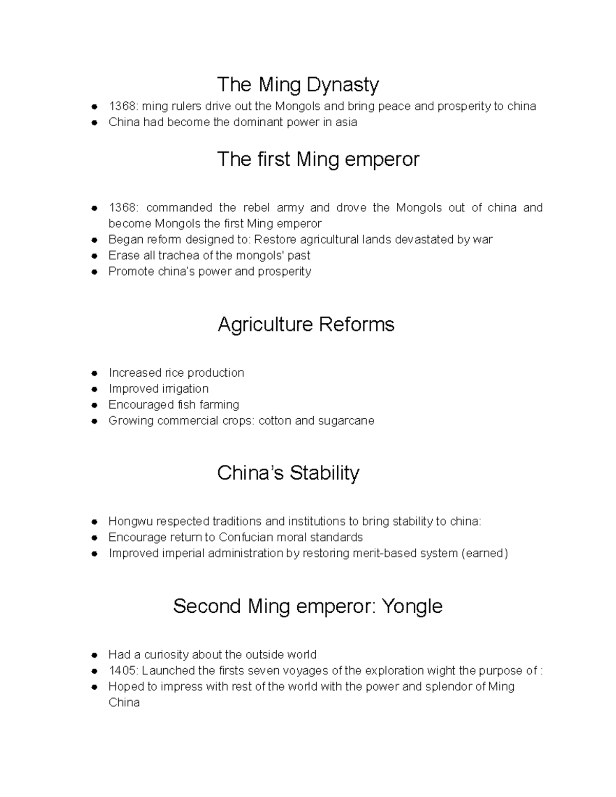 Notes China The Ming Dynasty 1368 ming rulers drive out the Mongols and bring peace and Studocu
