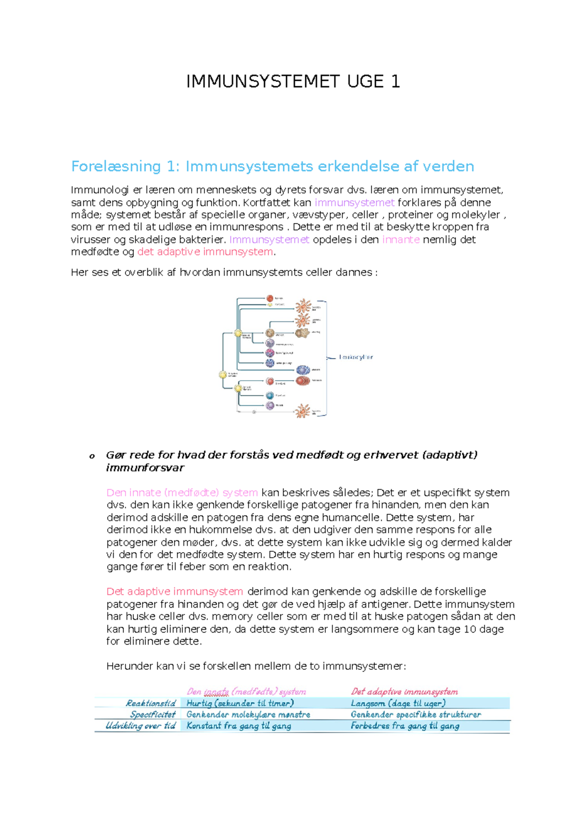 Immunsystemet UGE 1 Læringsmål - IMMUNSYSTEMET UGE 1 Forelæsning 1 ...
