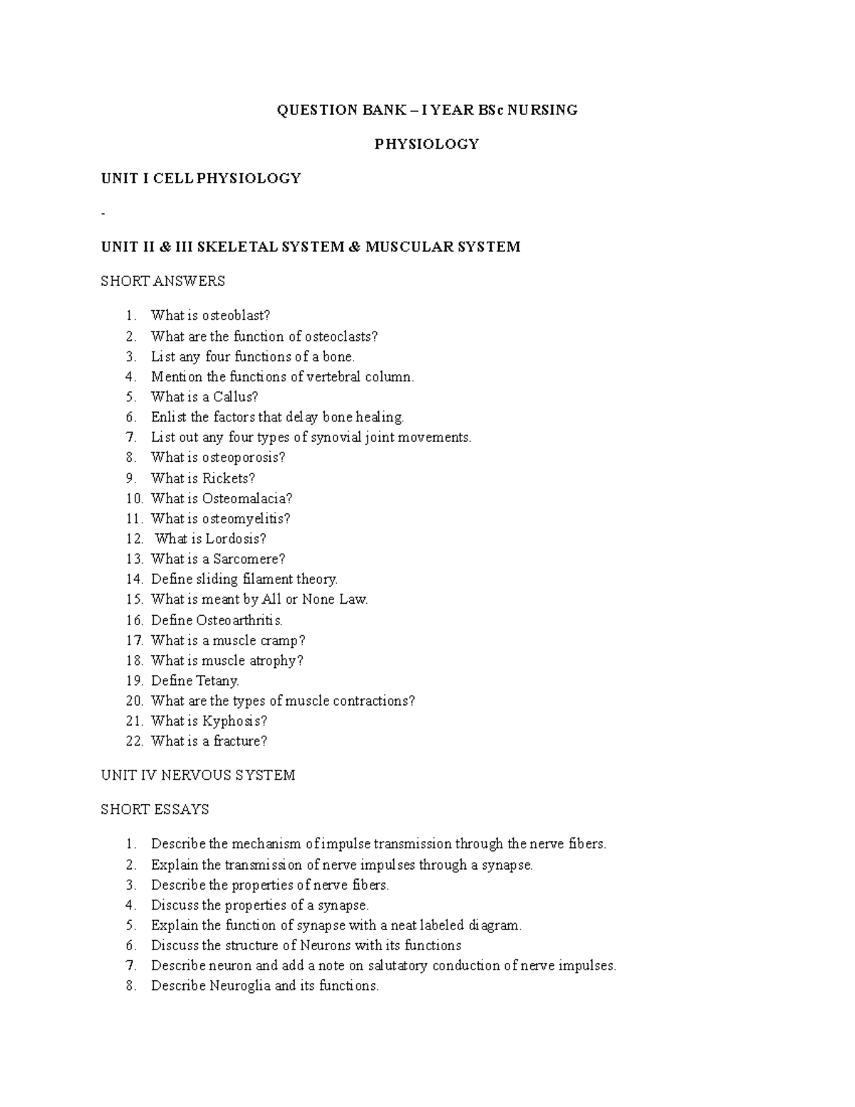 1754 Physiology Question Bank QUESTION BANK I YEAR BSc NURSING