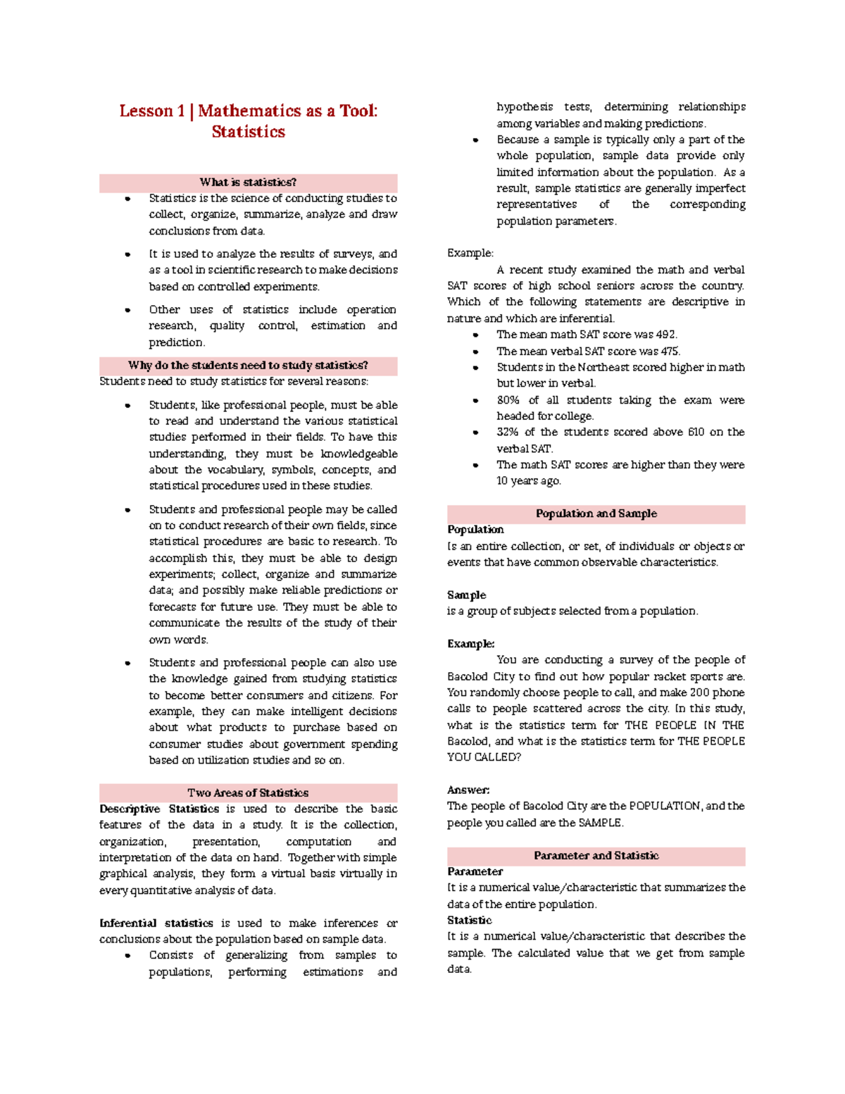 GEC104-Endterms - Lesson 1: Introduction to Statistics and Lesson 2 ...
