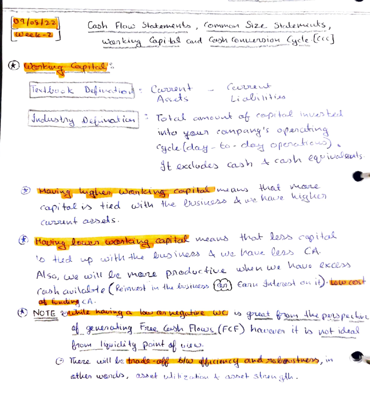 CFA 2 Cash Flow Statement, Common Size statements, Working capital