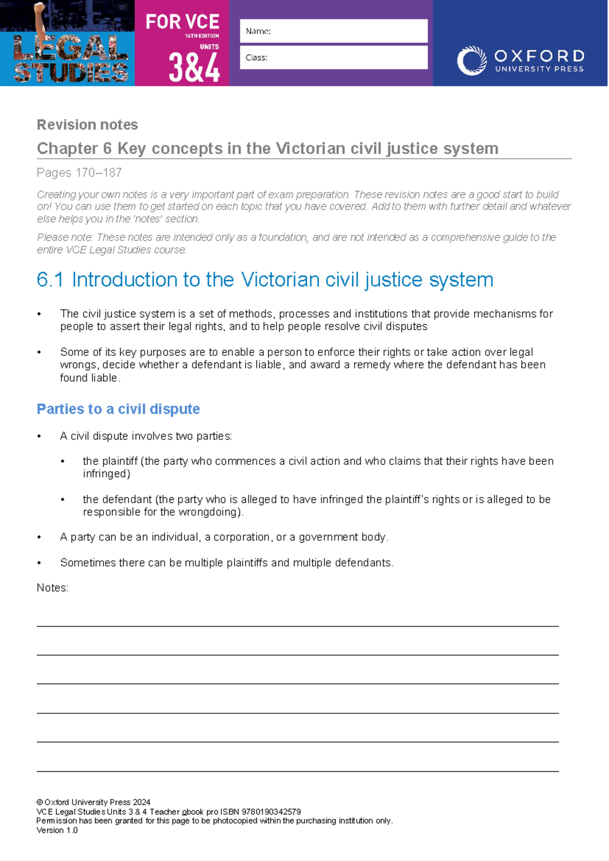 Legal 34 Chapter 6 Revision notes - Revision notes Chapter 6 Key ...