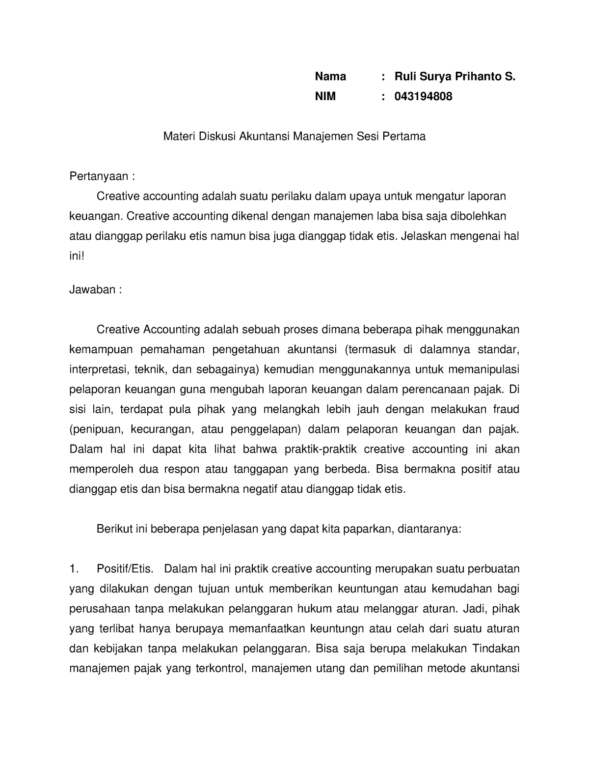 Diskusi Sesi Pertama Manajemen Akuntansi - Nama : Ruli Surya Prihanto S ...