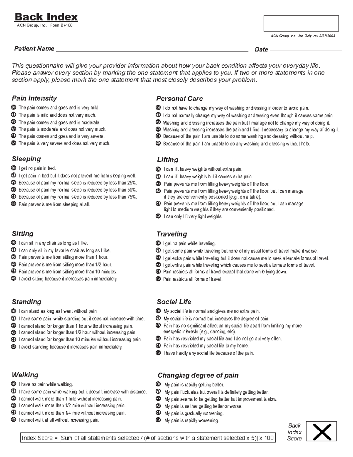 BACK Index - Back problems. - Back Index ACN Group, Inc. Use Only rev 3 ...