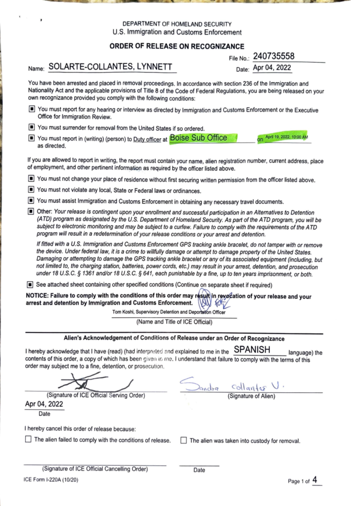 Order of Release on Recongnizance - Lynnett Solarte - DEPARTMENT OF ...