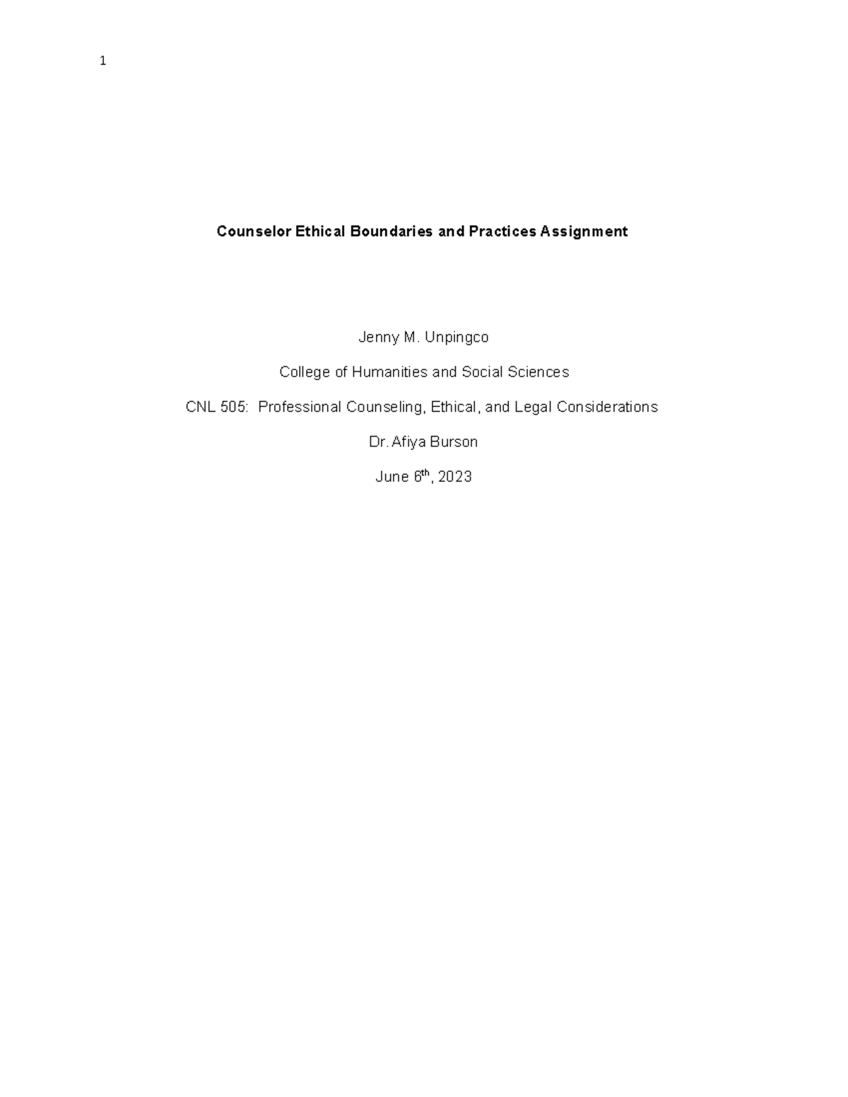 Counselor Ethical Boundaries and Practices assignment - CNL-515 - GCU ...