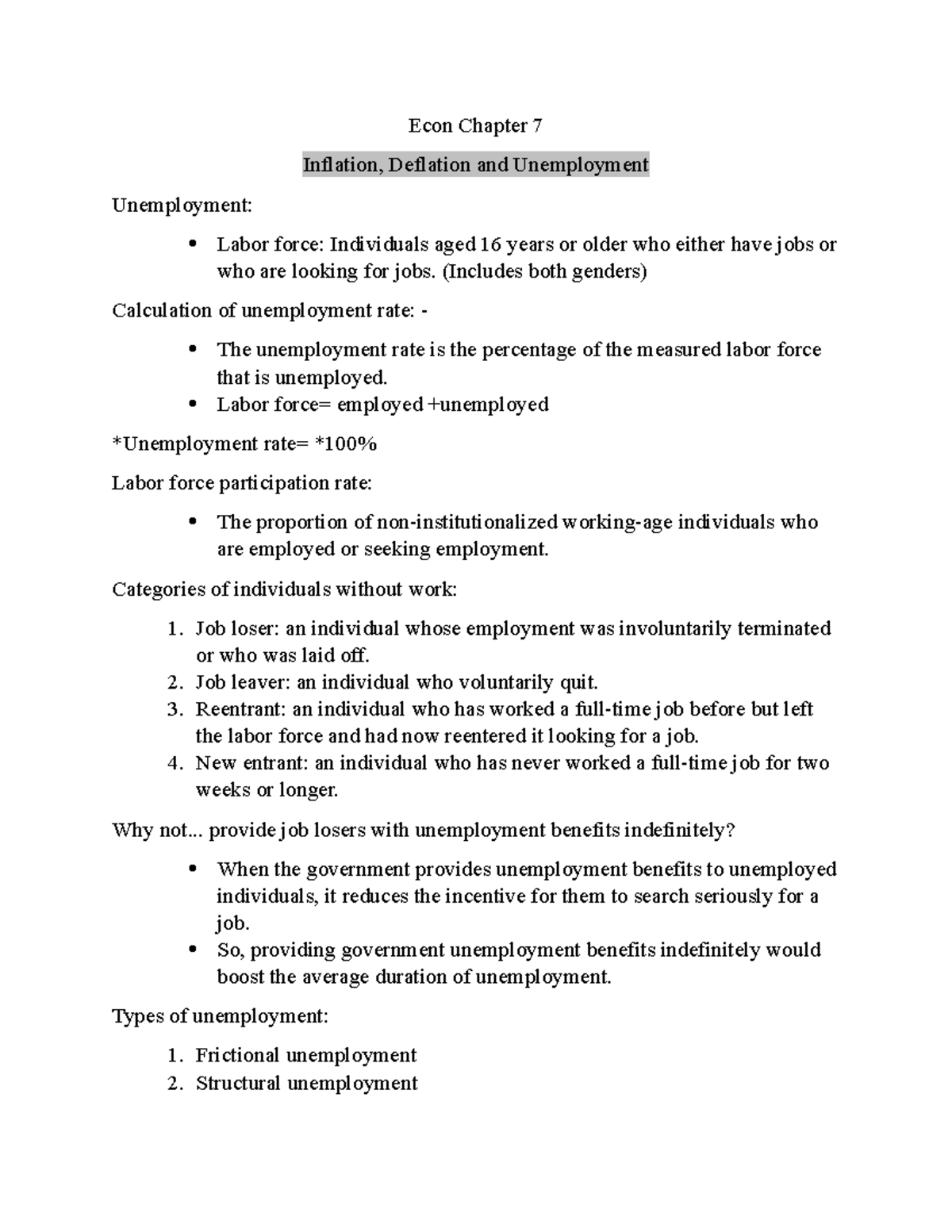 Econ Ch. 7 - Notes - Econ Chapter 7 Inflation, Deflation and ...