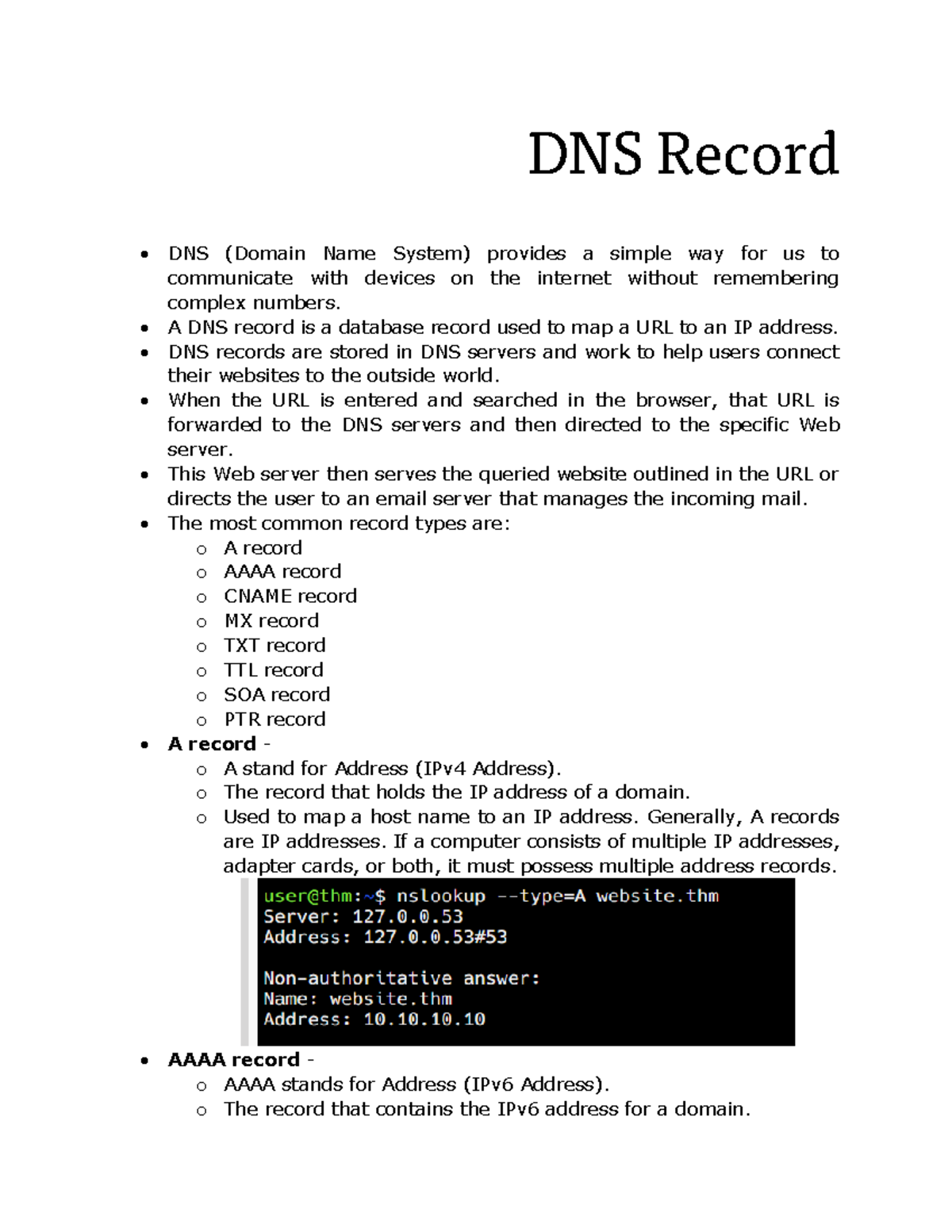 DNS Record - DNS Record DNS (Domain Name System) provides a simple way ...