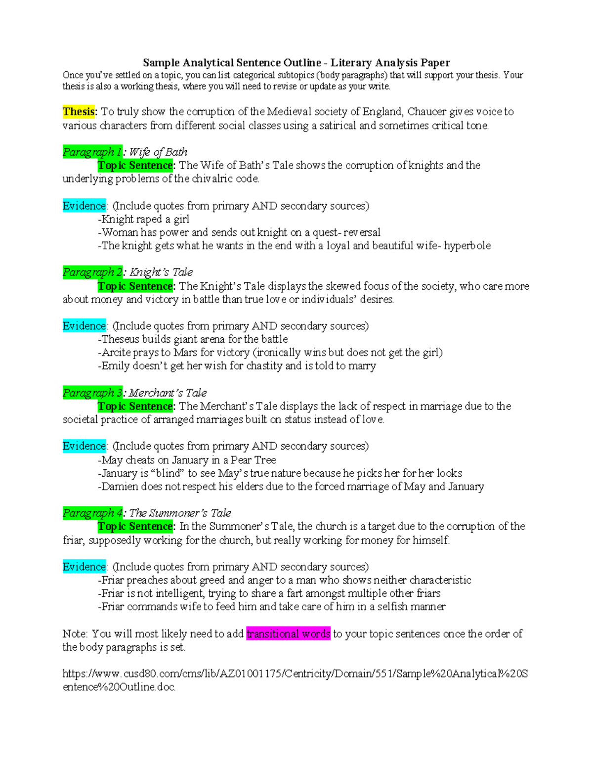 Sample Analytical Sentence Outline Canterbury Tales - Sample Analytical ...