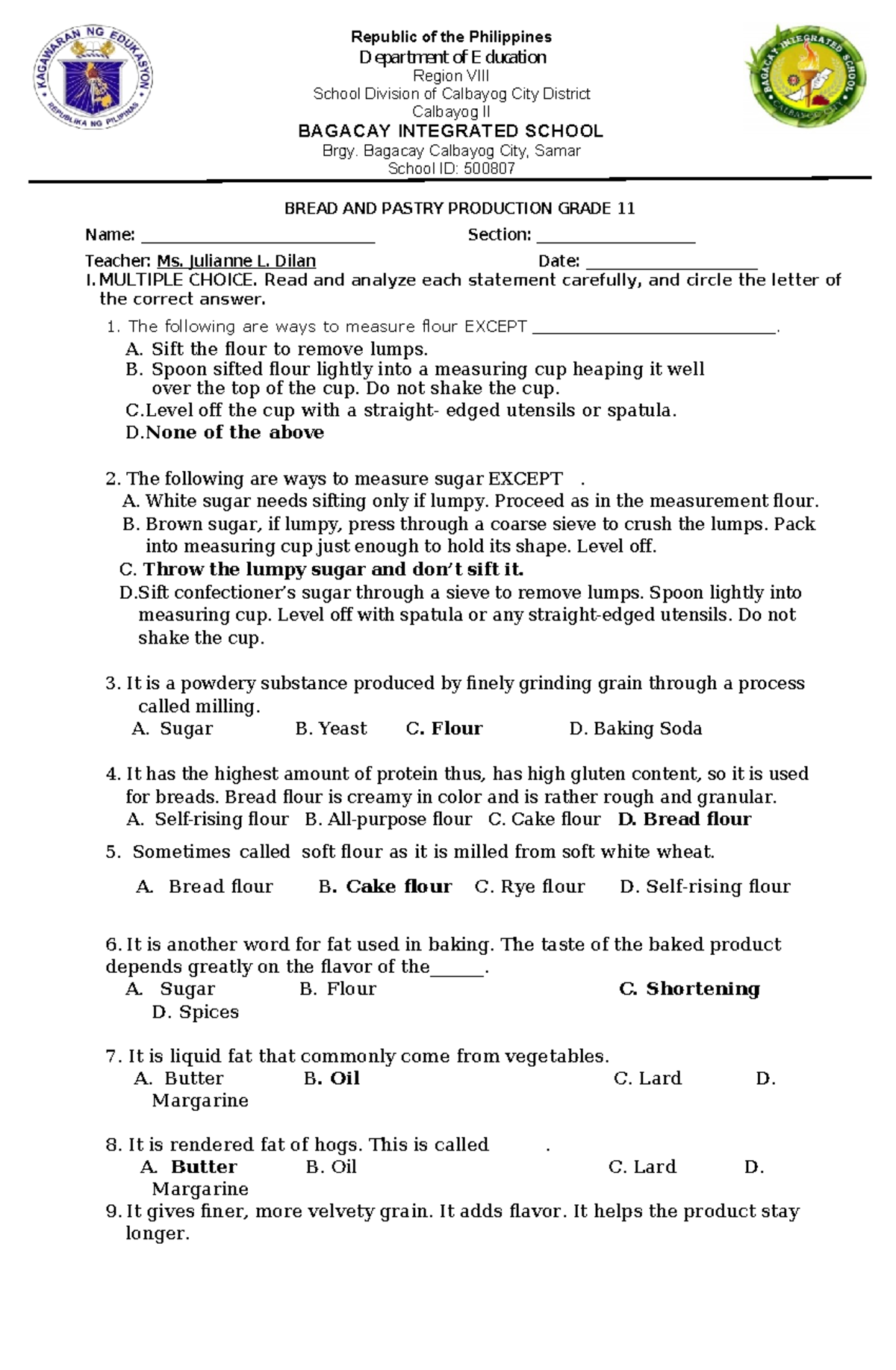Bread AND Pastry Production Grade 11 Quarter EXAM BREAD AND PASTRY