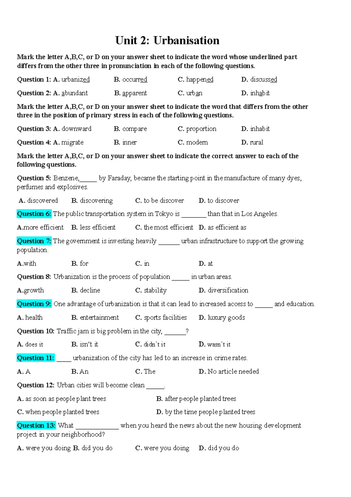 Unit 2 12 22-23 - Unit 2: Urbanisation Mark the letter A,B,C, or D on ...