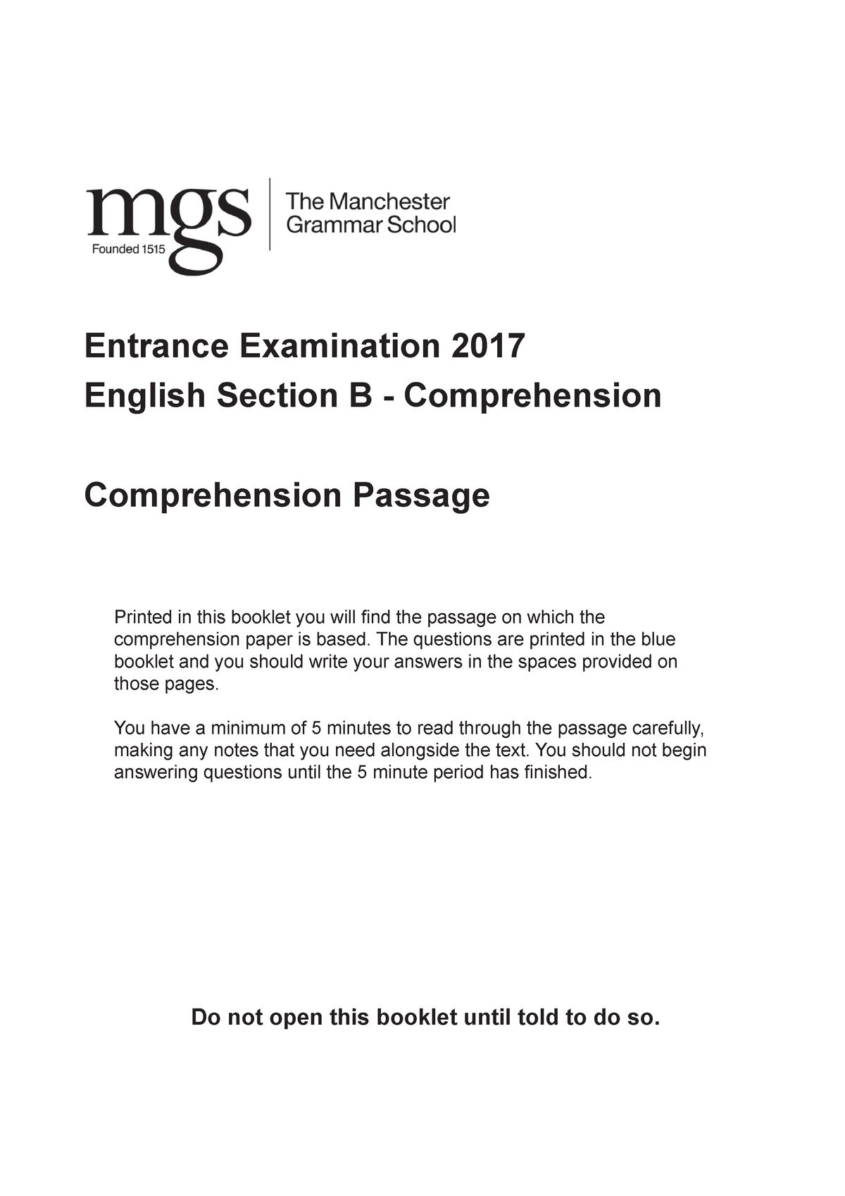 2017 English Paper Section B Comprehension Passage - Entrance ...