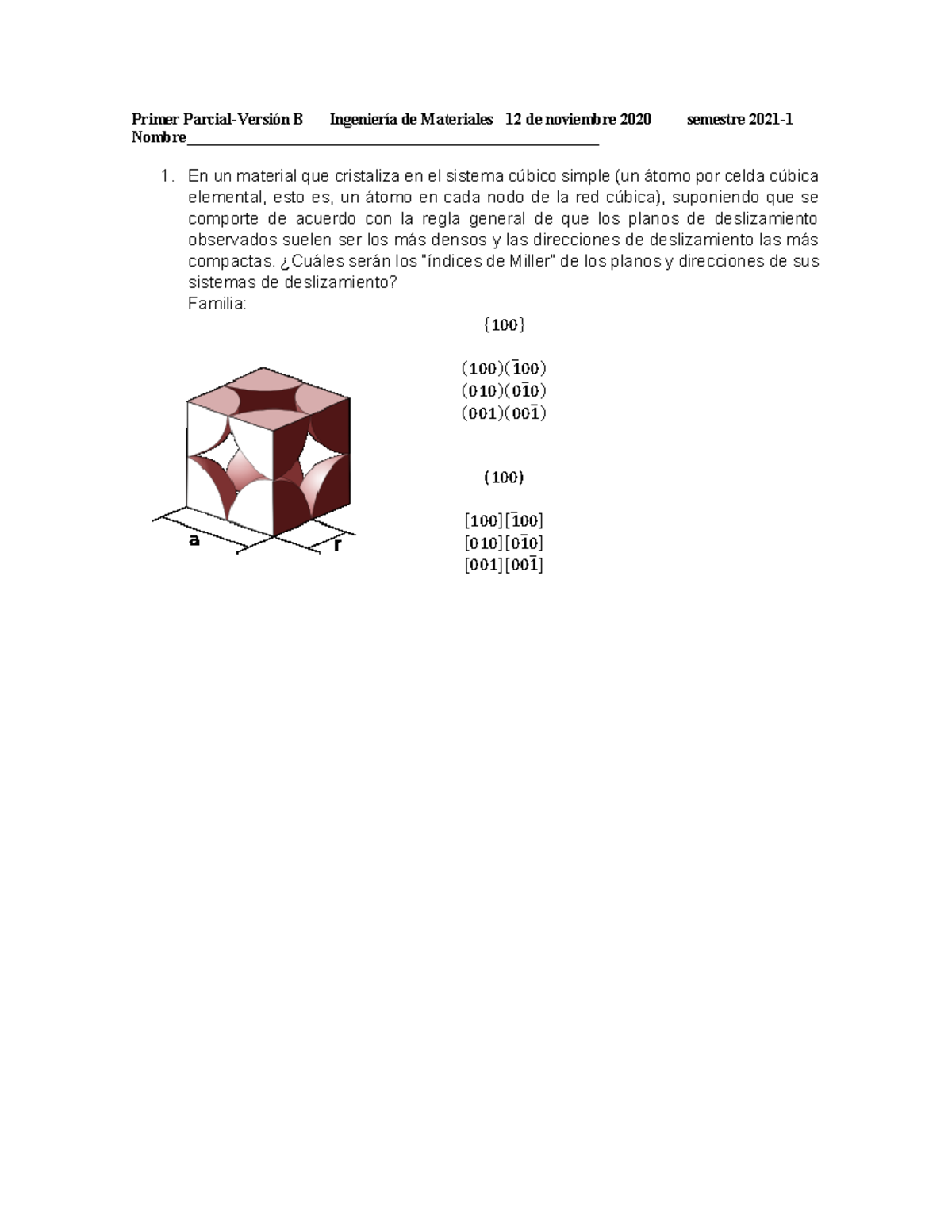 Examen 1B - Primer Parcial-Versión B Ingeniería De Materiales 12 De ...