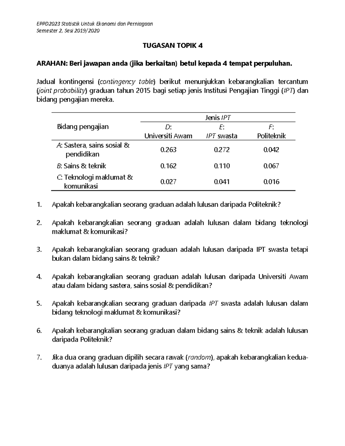 Tugasan Topik 4 Statistik - STATISTIK I - UKM - Studocu