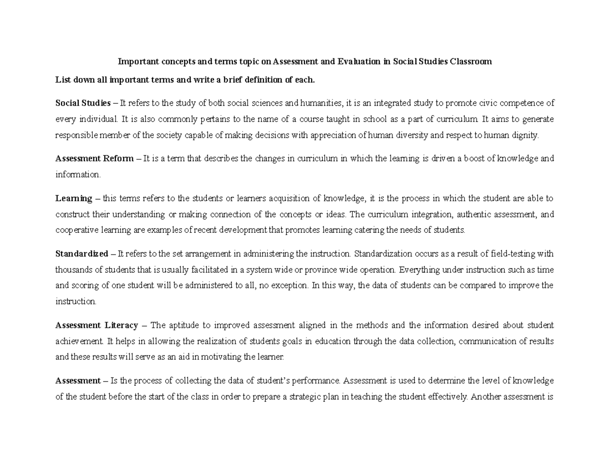 Socsci 3205 Important concepts and terms definition on Assessment and