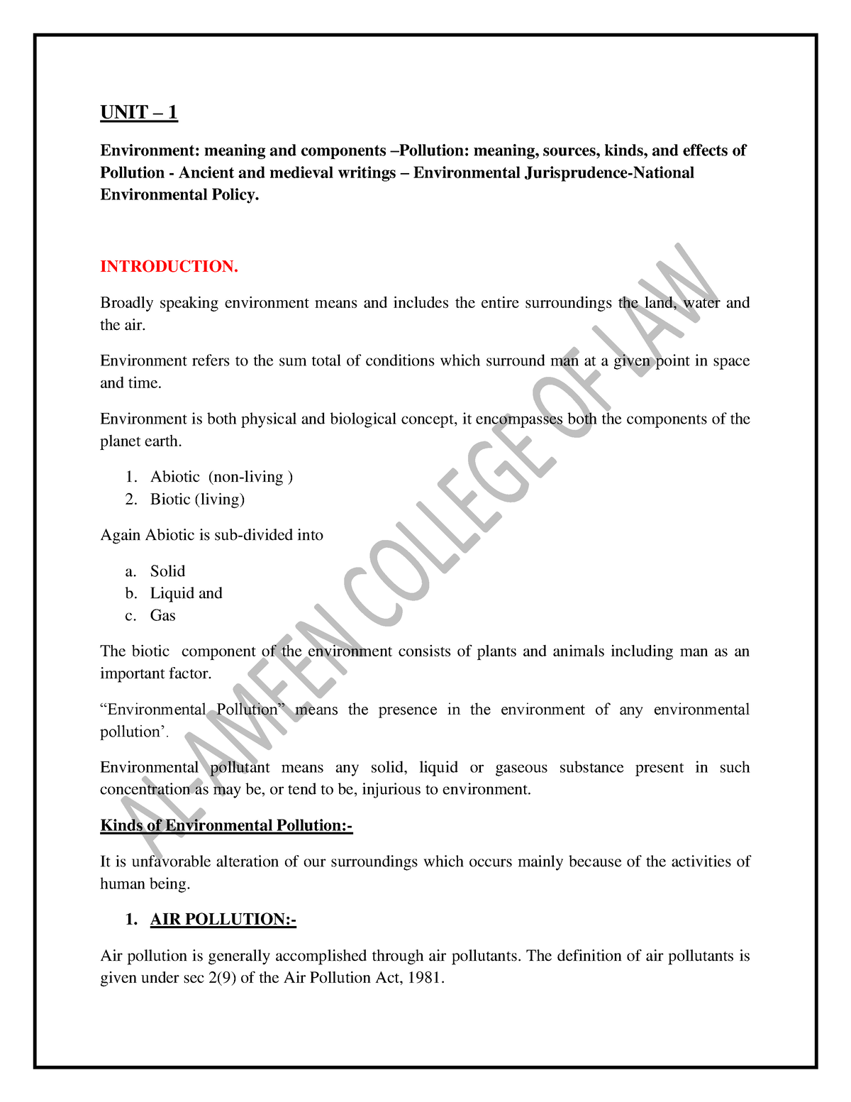 Unit -1 The idea of environment 1 - UNIT – 1 Environment: meaning and ...