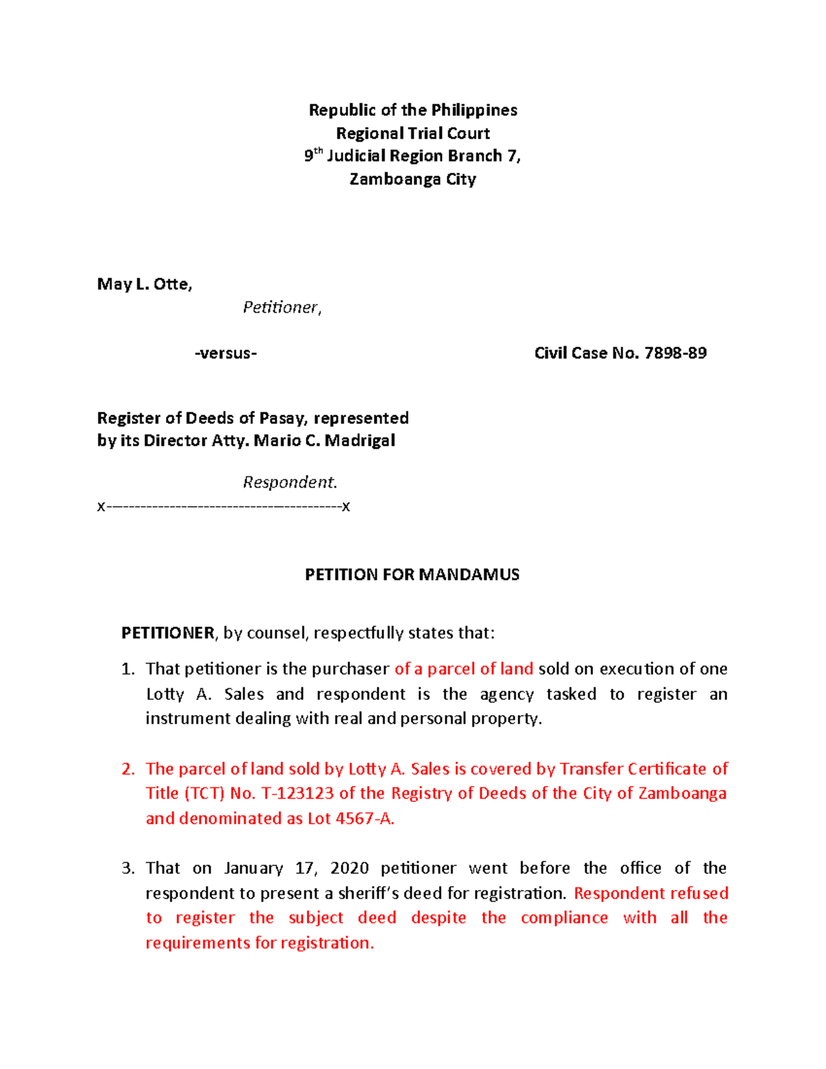 Sample 4 - Republic of the Philippines Regional Trial Court 9 th ...