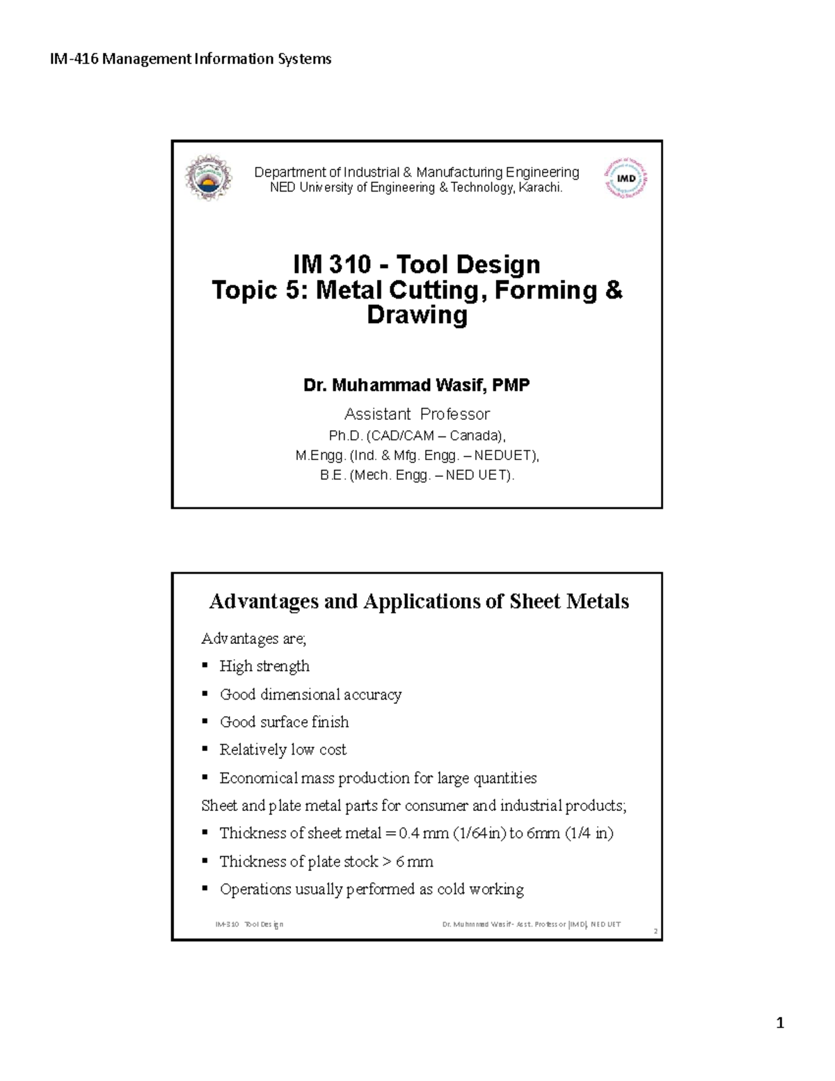 Topic5 Die Deisgn dfjdkflsj Department of Industrial & Manufacturing Engineering NED Studocu