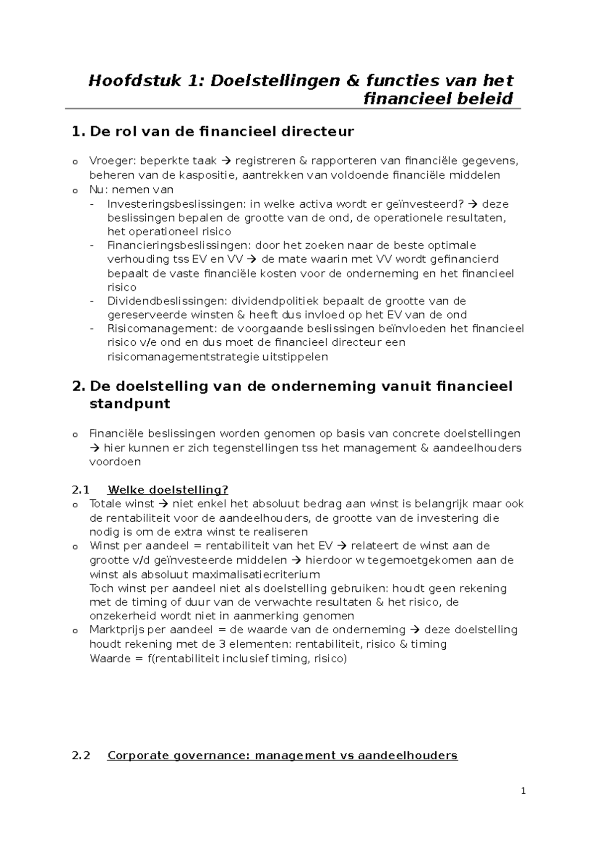 Samenvatting-financieel-beheer - Hoofdstuk 1: Doelstellingen Functies ...