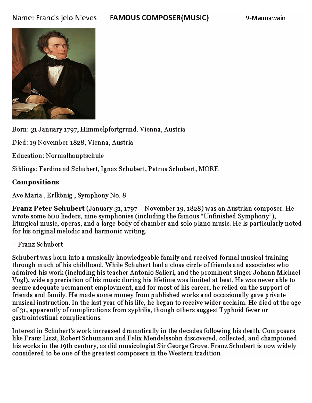 Famous composer on the old century assingment for grade 9 - Name ...