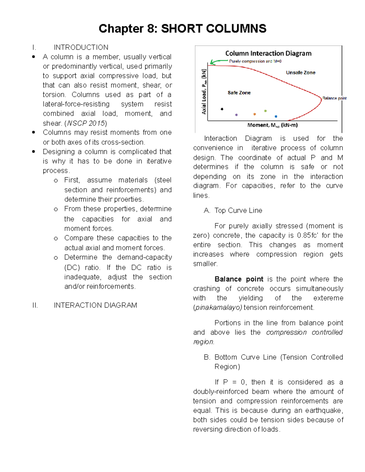 Short Column Notes Chapter 8 SHORT COLUMNS I. INTRODUCTION A column