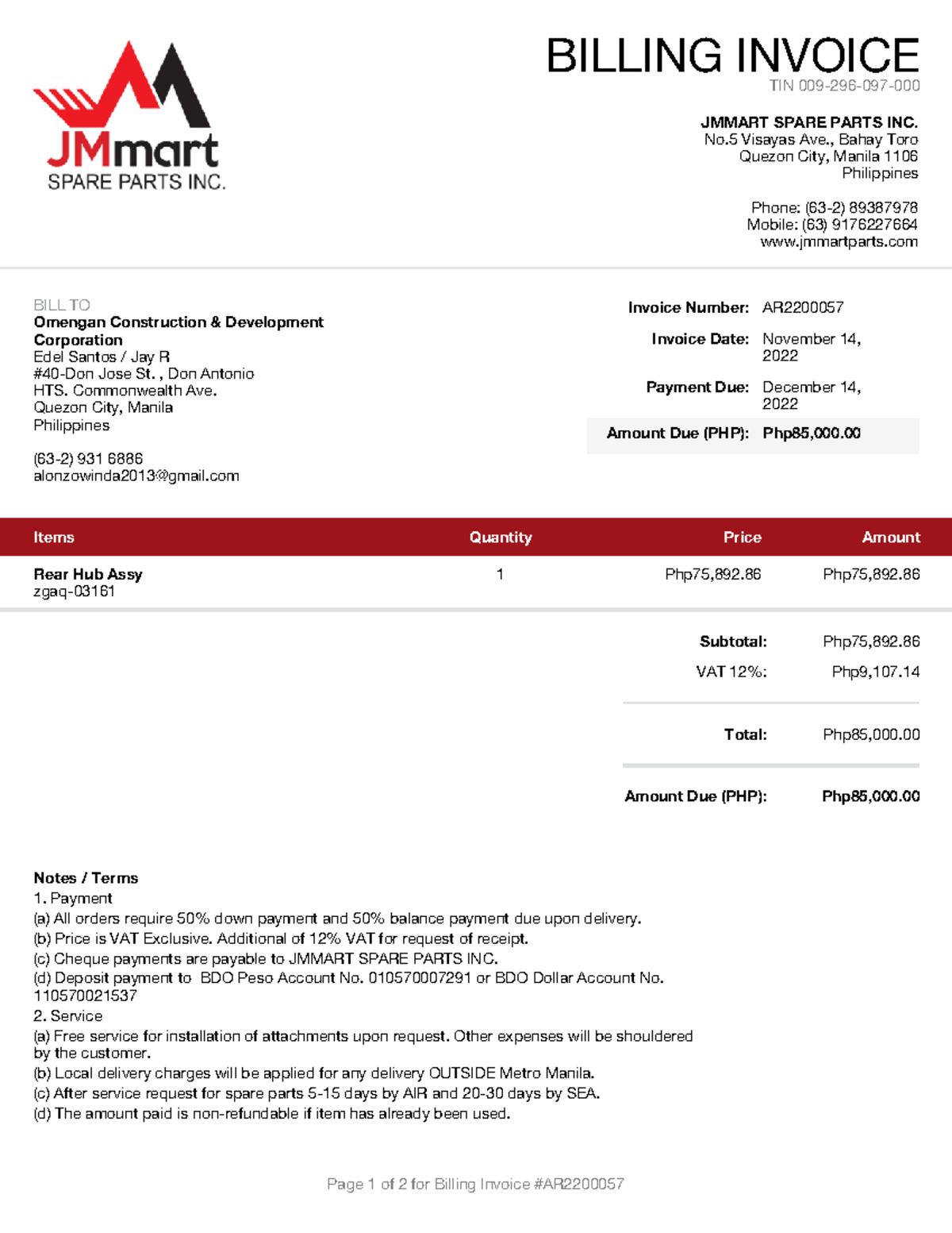 Invoice AR22000 57 20221214 BILLING INVOICE TIN 009296097 JMMART