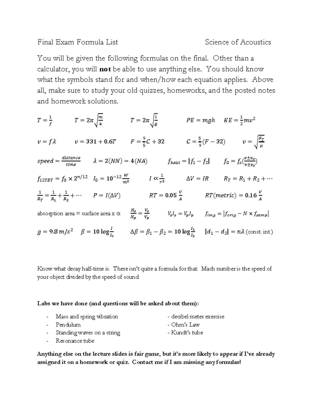 Formula list for final Final Exam Formula List Science of Acoustics
