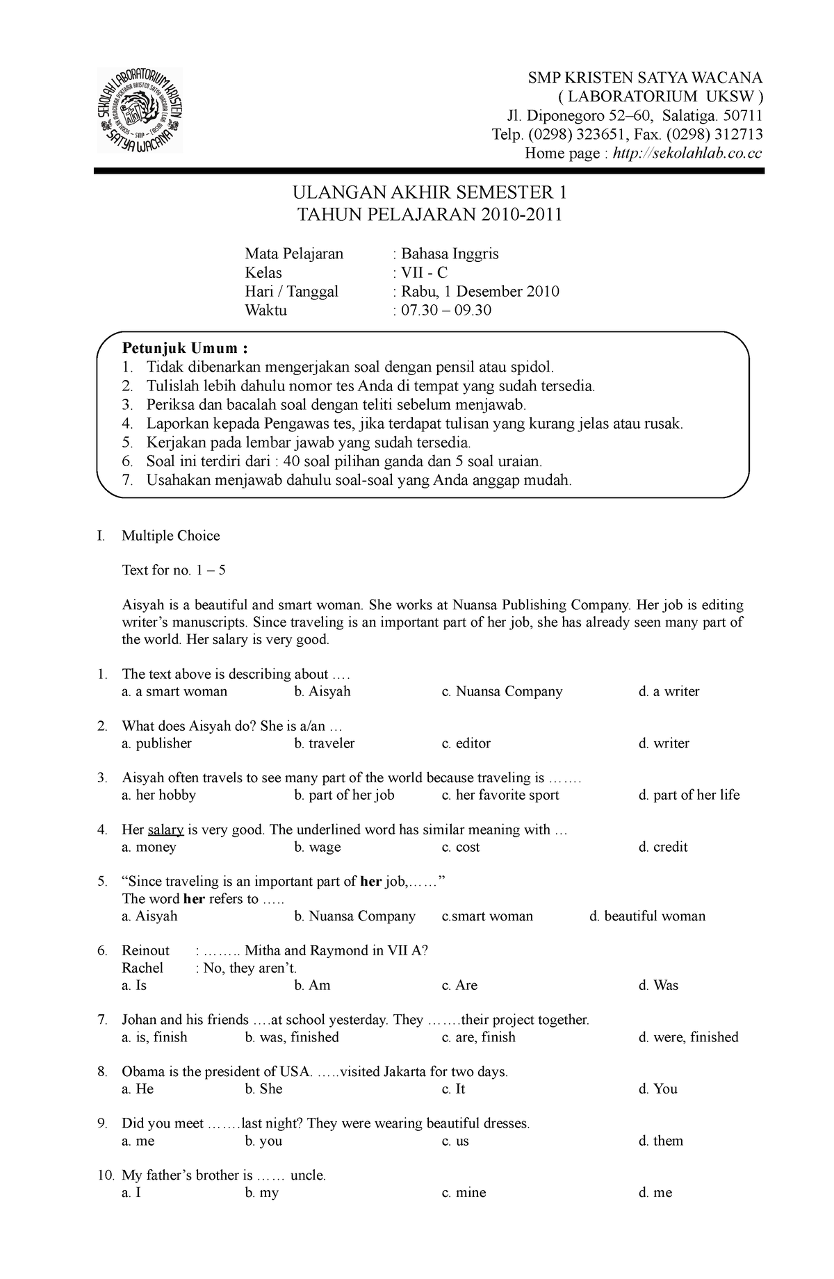 Tes Akhir Semester SMP Mapel B.Inggris Kelas VII Versi 2 - SMP KRISTEN ...