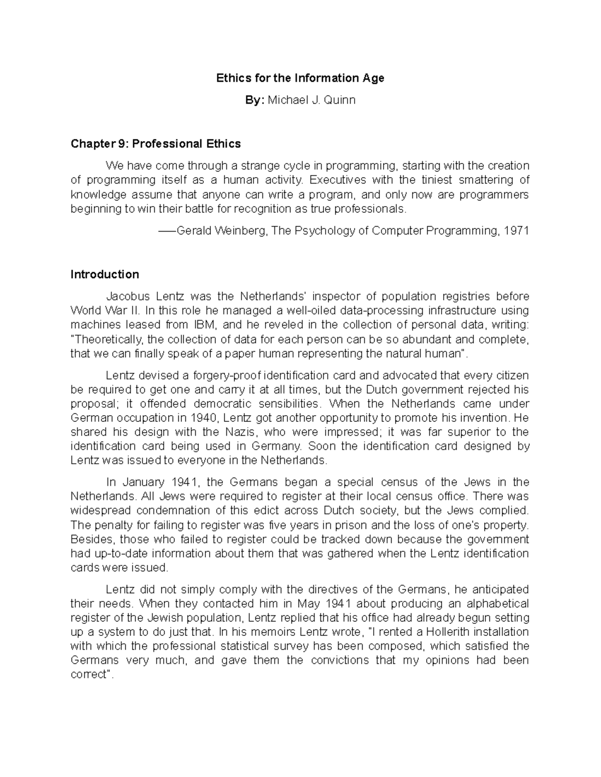 Chapter 9 Professional Ethics Introduction - Ethics for the Information ...