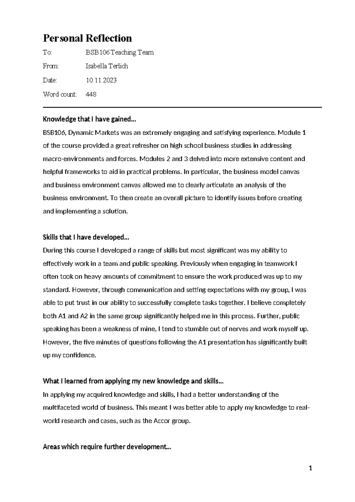 Reflection BSB106 - Personal Reflection To: BSB106 Teaching Team From ...