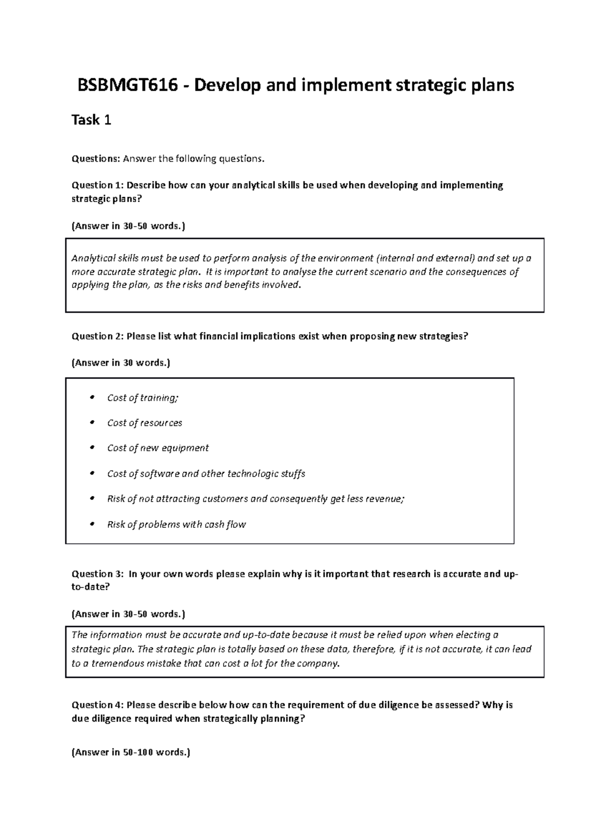 B Sbmgt 616 Task1 - BSBMGT616 - Develop and implement strategic plans ...