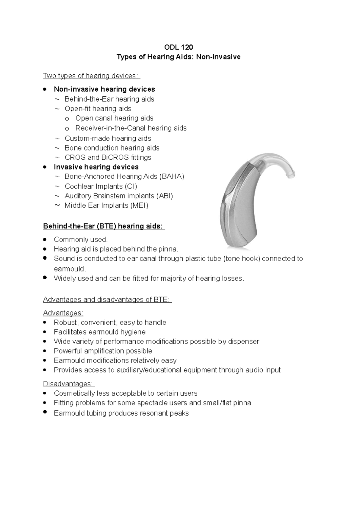 (4) Types of Hearing Aids ODL 120 Types of Hearing Aids Noninvasive