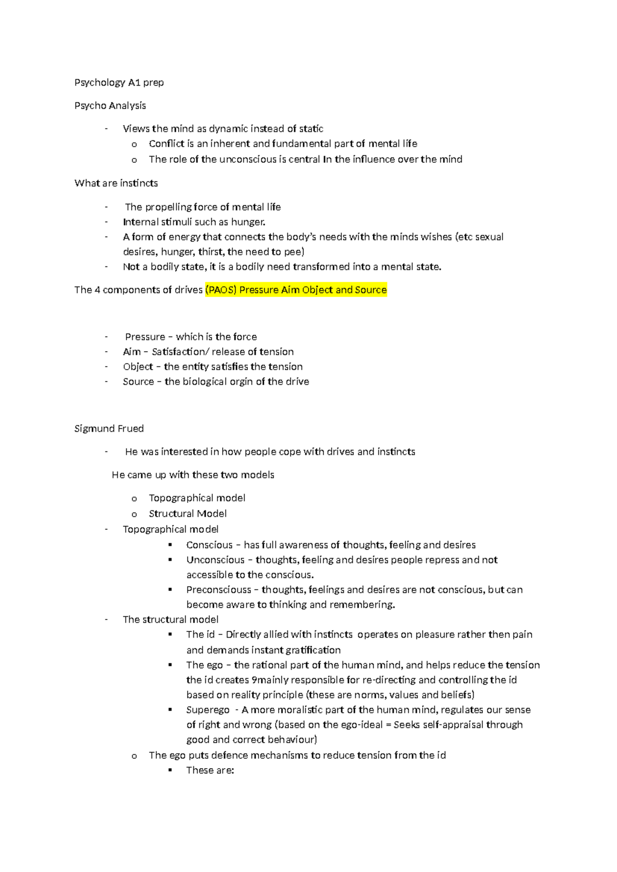 Psychology A1 prep - A1 Summaries about Psychoanalysis. - Psychology A1 ...