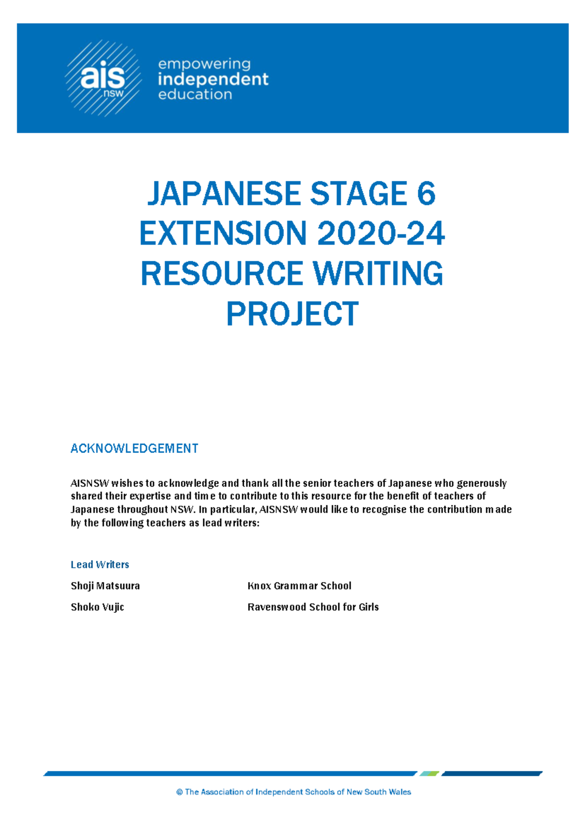 Acknowledgement Japanese - JAPANESE STAGE 6 EXTENSION 2020 - 24 ...