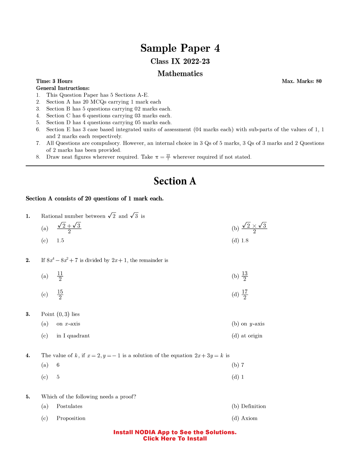 Cbiemapu 04 - Math Sample Paper For 9th Stand - Install NODIA App To ...