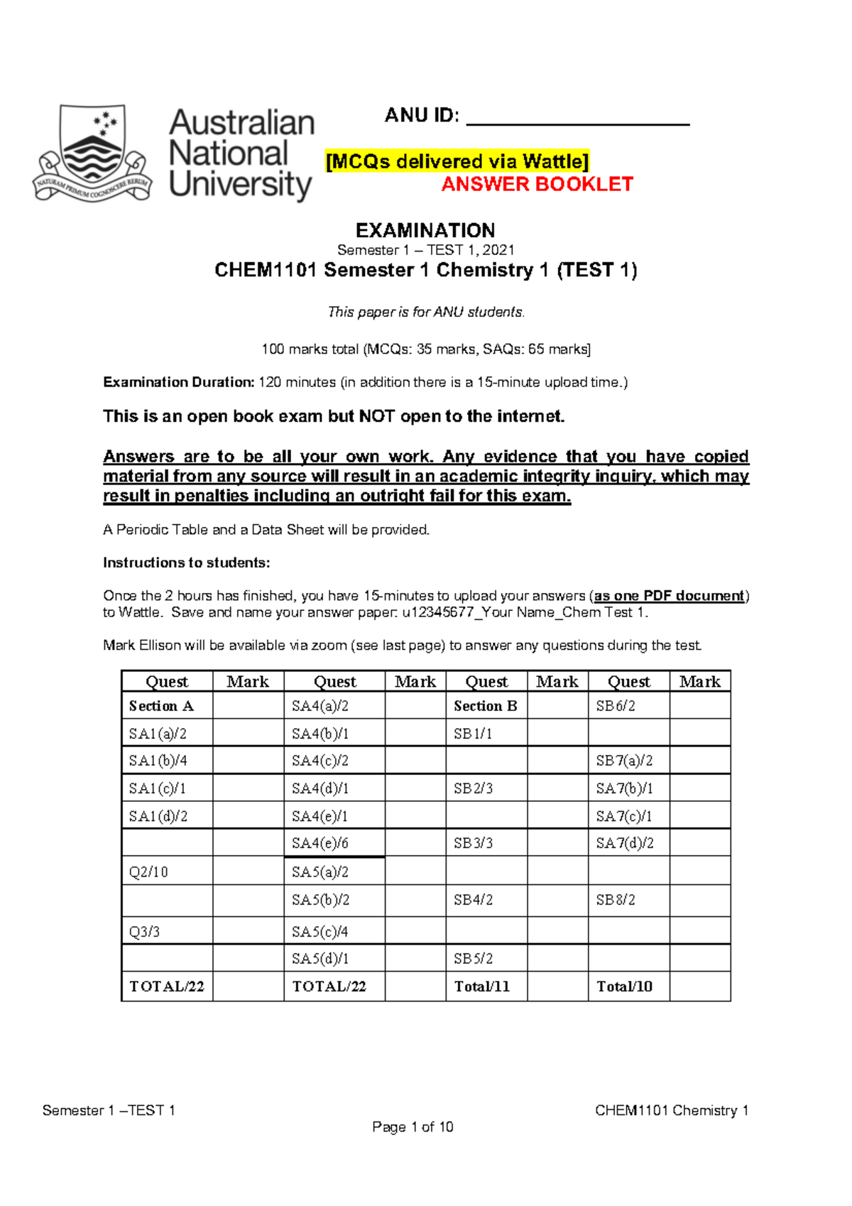 2021 CHEM1101 TEST 1 Answer Booklet - Semester 1 3TEST 1 CHEM1101 ...