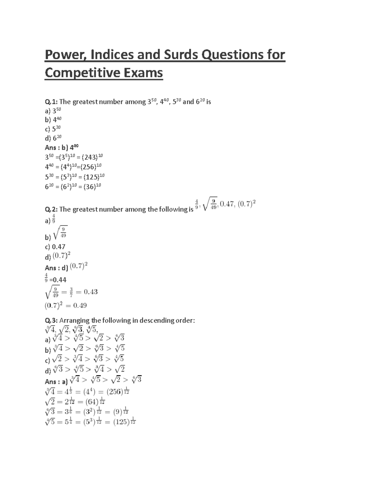 Power Questions Power, Indices and Surds Questions for Competitive