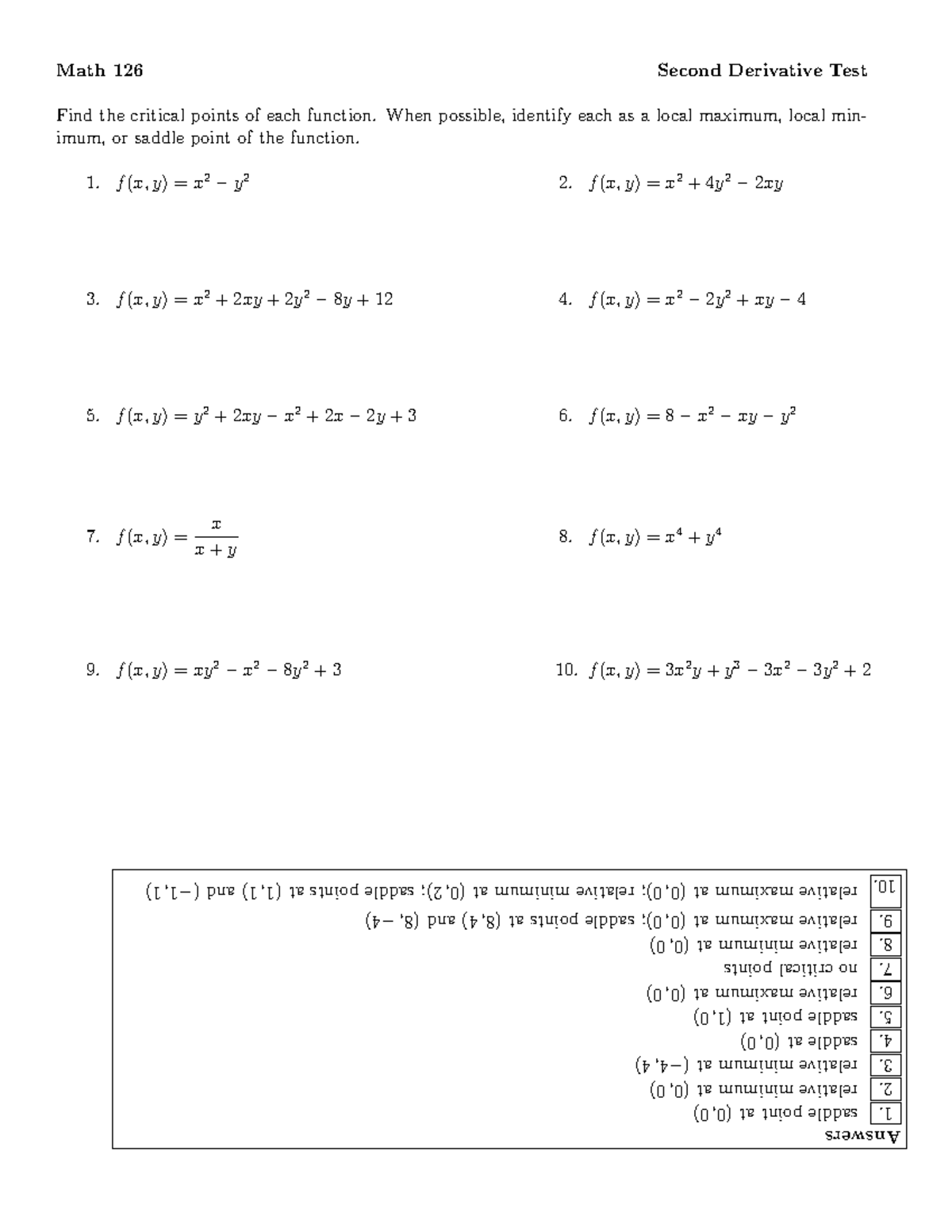 SDT - STD - Math 126 Second Derivative Test Find the critical points of ...