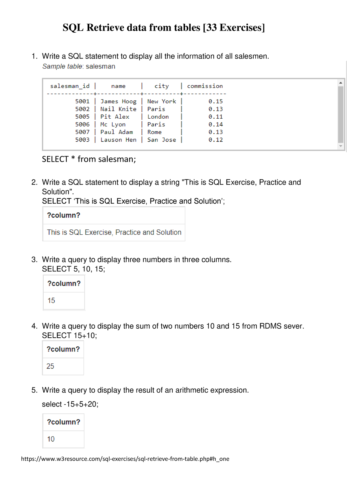 Sql Practice Sql Retrieve Data From Tables 33 Exercises 1 Write A Sql Statement To Display